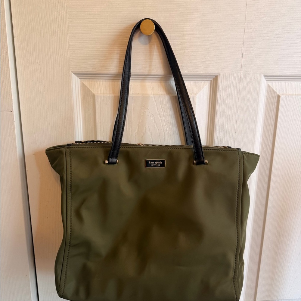 kate spade olive green nylon tote with black handles